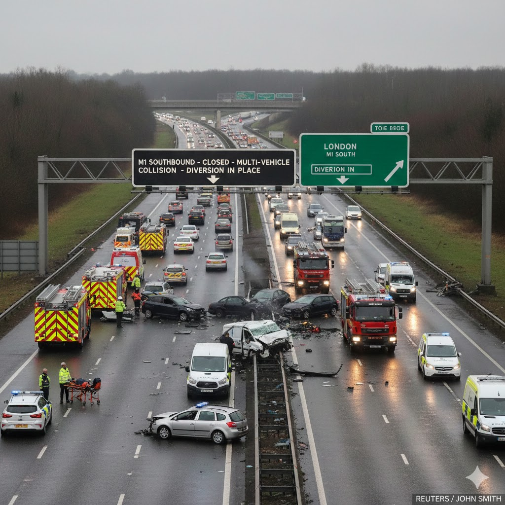 multi-vehicle collision closes section of m1 southbound in bedfordshire